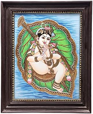 Índia exótica 19 x 23 Vatapatra-shayi Krishna Tanjore Pintura | Cores tradicionais com ouro 24K | Teakwood Fra