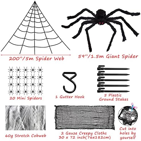 Spiders gigantes de 200 Halloween Spider Web & 59 e 60g de aranha de aranha e 20 mini aranhas falsas e 2 suprimentos assustadores