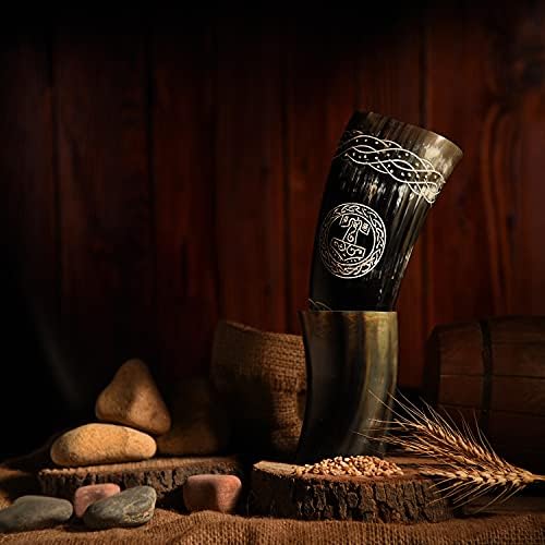 Caneca de chifre de buzina de odin viking 15 polegadas de 15 polegadas Grandes de mão Mjolnir Ox Horns polidos grau medieval de cerveja
