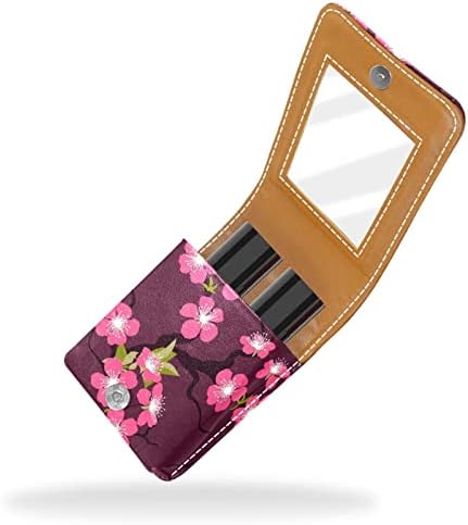 Mini estojo de batom com espelho para bolsa, Cherry Blossom Flower Portable Case Organizador