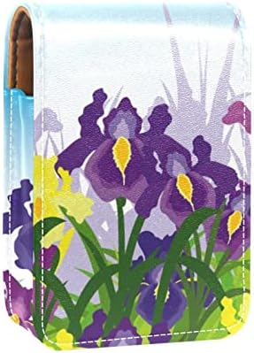 Mini estojo de batom com espelho para bolsa, Iris Flower Portable Case Holder Organization