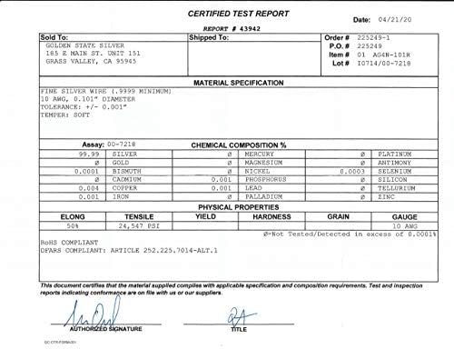99,99% de fio de calibre 10 de prata pura | Bobina de 12 polegadas | Golden State Silver