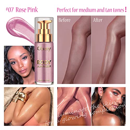 Luminizador líquido FirstFly, iluminador de brilho leve à prova d'água para face e corpo, tudo em um iluminador líquido de maquiagem, luminizador do corpo de verão, marcador do corpo do rosto （#07 rosa rosa）