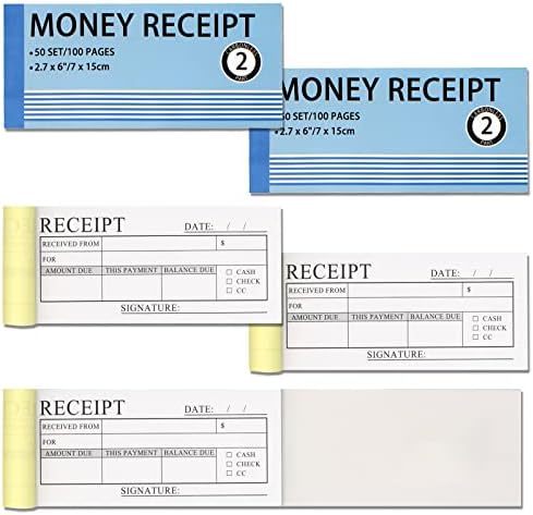 Livro de recibo de dinheiro e aluguel 5 pacote, 2 partes, 2,75 x6 Livro de recibo de cópia sem carbono com papelão e capa à prova d'água