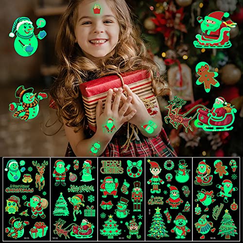 Tatuagem temporária de Natal para crianças, 10 lençóis de Natal Tattoos luminosos adesivos de festa de natal Tattoo Supplia o Papai Noel Elk Bonecos de neve, chapéu de árvore de natal Tattoos Fluoresce