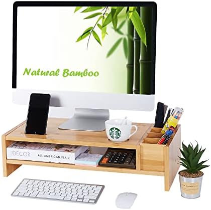 NXN HOME HOME Bamboo Monitor Stand | Organizadores e acessórios da mesa de madeira | Riser de monitor de computador com laptop com acessórios de armazenamento ajustáveis