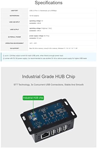 Hub USB multifuntio de grau industrial, 3x portas USB 2.0 estendidas, porta Ethernet 100m, suporte de sistema operacional, plug