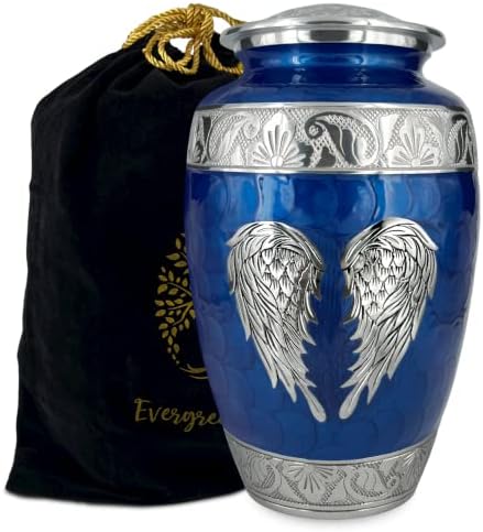 Evergreen Memoriais Cremação urna - Angel Wings Urna para cinzas - urnas para cinzas adultas masculinas, 10,5 polegadas de altura - urnas para cinzas humanas - urnas decorativas - urna azul com bolsa de veludo - até 200 libras