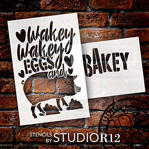 Wakey Wakey ovos e estêncil Bakey por Studior12 | Decoração de casa de cozinha DIY artesanal | Paint Farmhouse Wood Sign |