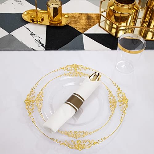 Hioasis 350pcs Placas plásticas de ouro transparentes - Placas descartáveis ​​de ouro para 50 convidados incluem 50 pratos,