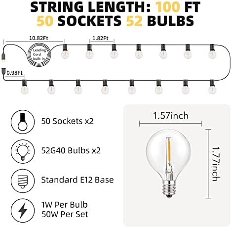 Luzes de cordas ao ar livre RTTY 200 pés, 2 pacote de 100 pés G40 Luzes de pátio LED com lâmpadas de 52pcs, globo