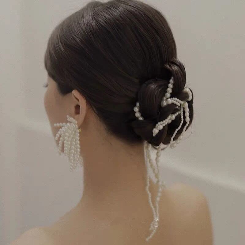 N/A Pontes de cabelo de cadeia de pérolas simulados para mulheres clipes de cabelo de borla Barrettes trançados na faixa de cabelos