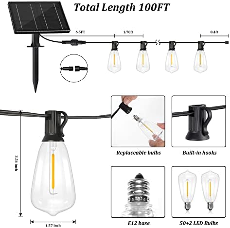 Luzes solares de cordas solares de BrightVer LEDs à prova d'água ao ar livre, 100 pés de pátio com energia solar com 50+2