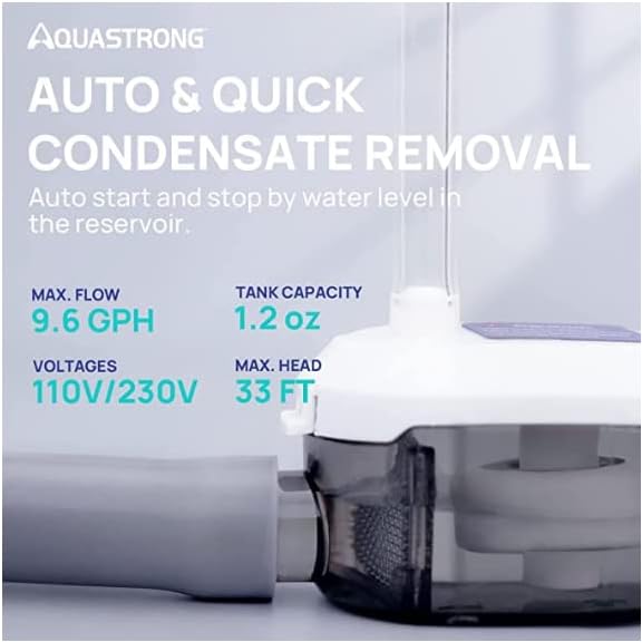 Aquastrong Mini Split HAVC Condensate Bomb, 9,6 GPH, 115V/230V, interruptor de segurança automática, remoção de condensado