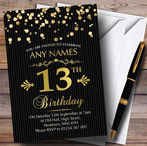 Confetos de ouro preto listrado 13º convites de festa de aniversário personalizados