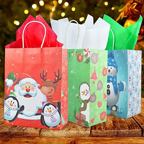 24 PCs Christmas Kraft Sacos de presente com 24 papéis de seda, sacos de presente de papel de férias, festas favores de boa