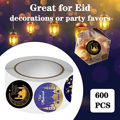 600 PCs 1,5 polegadas Eid Mubarak Ramadan Kareem Stickers Roll, 6 Padrões ROONTE ROUNTE EID EUD TAPELA TAPLOTEME