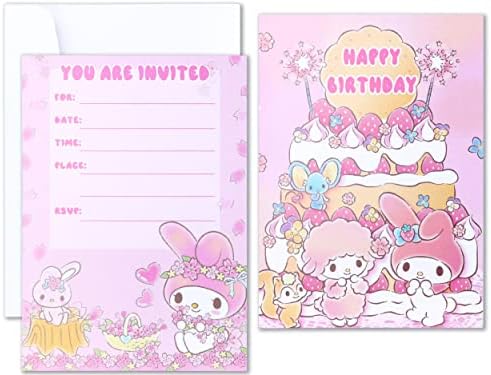 ROFFATIDE Anime My Melody Invitations Cartões para Melody Feliz Aniversário Supplies 16 PCs Preencha convites com envelopes