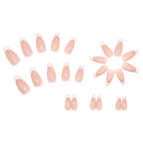Pressione as unhas de unhas médias quadradas brilhantes unhas falsas de caixão francês unhas falsas com design nude rosa