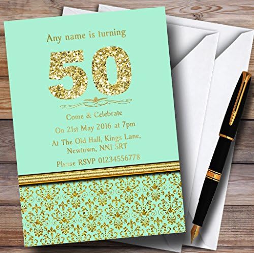 Mint Green & Gold Vintage Damasco 50º convites de festa de aniversário personalizados