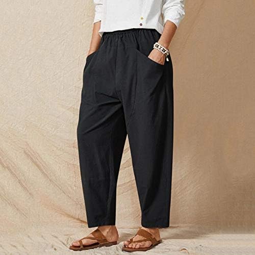 Calças de linho de algodão casual de verão para mulheres calças largas de pernas largas calças de cintura alta com bolsos