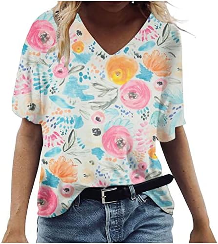 Camiseta de verão de grandes dimensões para mulheres coloridas blusas estampadas floral ves de manga curta de pescoço esconder tops