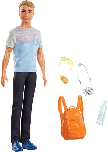 Doll Barbie Ken e 5 acessórios com tema de viagem, inclui mochila que abre e fecha, boneca de moda com cabelos castanhos escuros