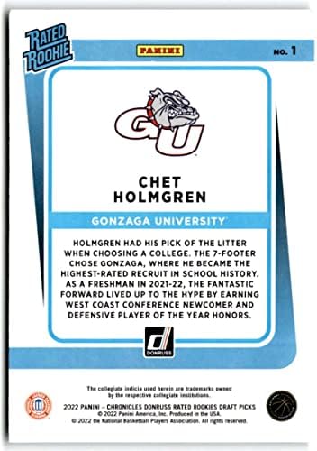 2022-23 Panini Chronicles Draft Picks Donruss Classificou os novatos 1 Chet Holmgren Gonzaga Bulldogs RC Cartão de negociação