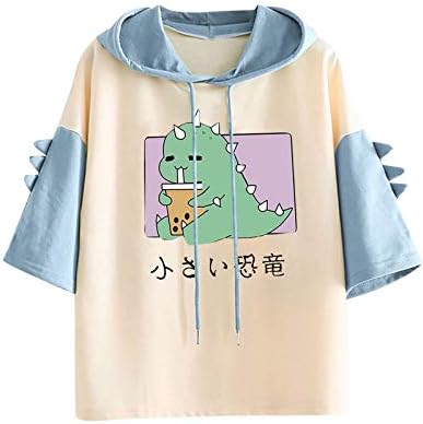 Hoodie fofo de Uppada feminino para menina adolescente de manga curta kawaii dinossauros tops casuais camisetas com capuz