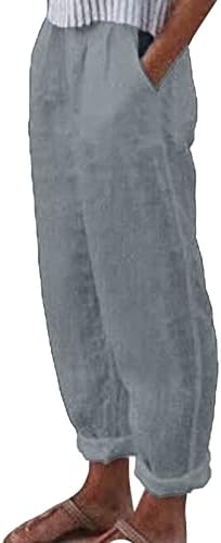 AMTF Women Women Solid Linen Trouser Pant casual Baggy Saltic Caists calça de perna larga com calça de pocket moda Plus Tamanho