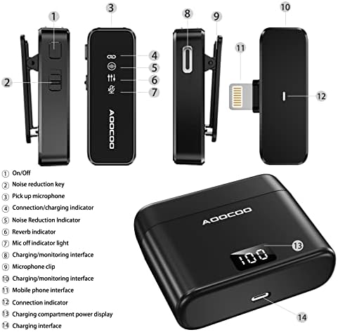 Microfone Lavalier sem fio AOocoo 2 Pack para iPhone, plugue de redução de ruído e reproduzir microfones de lapela