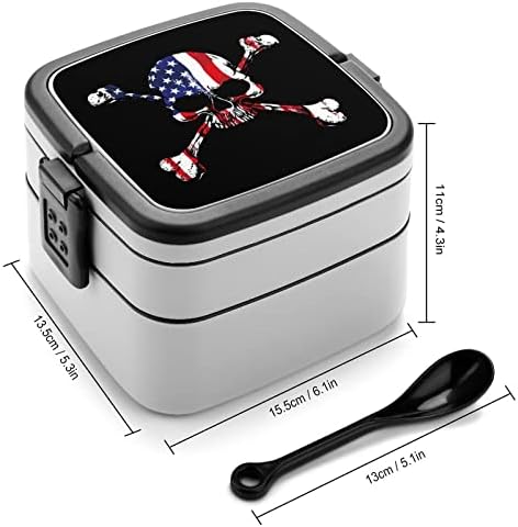 American Flag Skull Lanch Box portátil Bento Box de camada dupla portátil Recipiente de alimentos para almoço com colher