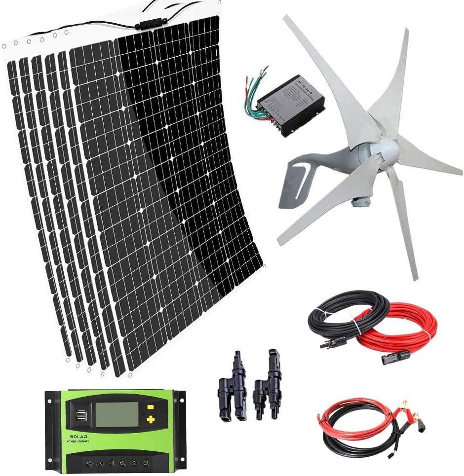 Kit de sistema híbrido de 1120w AUECOOR: Turbina eólica 400W e 6pcs 120W Painel solar flexível + controlador solar