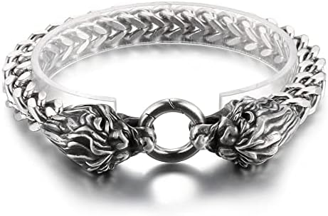 Azubpi 8mm Franco Square Link Bracelet para homens Lobo Lion Dragon Head Men Silver Men Bracelet Jóias de aço inoxidável