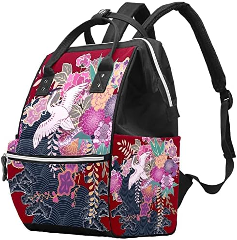 Vintage Japanese Kimono Floral Crane Motif Backpack Backpack Baby Nappy Sacos Multi Função Múltiplas Capacidade Bolsa de Viagem