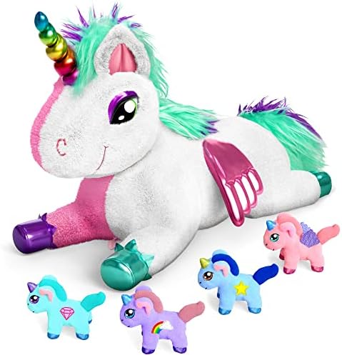 Mindsprout Unicorn Mommy recheado com 4 bebês dentro de sua barriga, para meninas 3 4 5 6 7 8 anos, unicórnio brinquedos para meninas