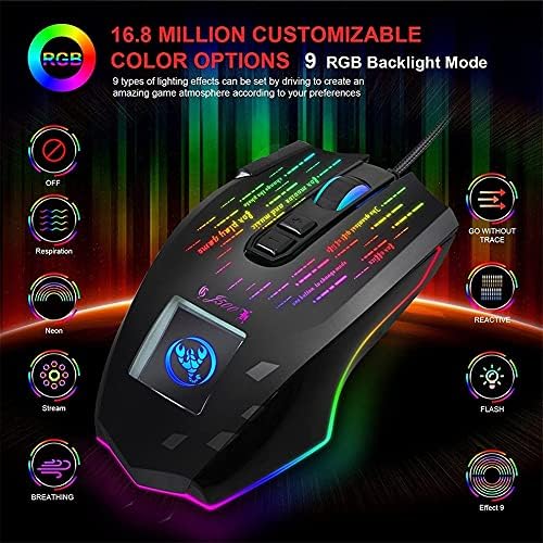 Mouse de jogos de mouse DailyInt com tela sensível ao toque, mouse de jogos com fio USB com 9 tipos de iluminação de rgb, mouse mudo