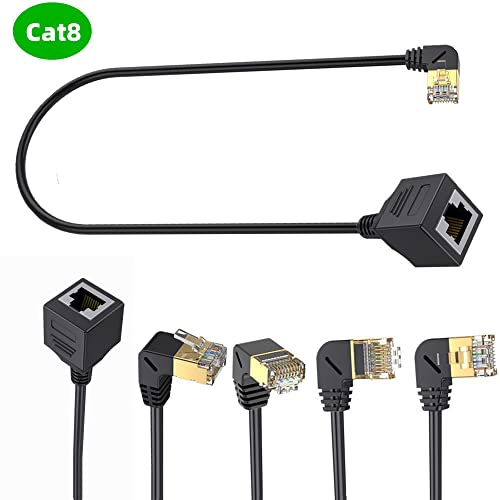 TRAVIEN CAT 8 CABO DE EXTENSÃO ETHERNET, 90 graus de ângulo esquerdo macho para fêmea RJ45 CAT8 Conector 10 Gigabit 40Gbps,