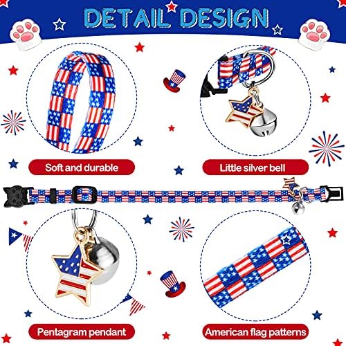 6 peças Patriótico American Flag Cat Collar Breakaway com sinos e colarinho de pingente de estrela para gatos Dogs Dogs Independência