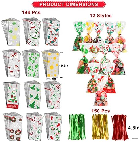 Kimober 144pcs sacos de tratamento de doces de Natal, sacolas de celofane com laços de torção para a festa de natal Favory