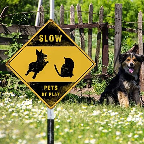 Woguangis Pets lentos no jogo de metal lata de lata de metal cães cão e gato xing sinais de arte de alumínio amarelo em forma de