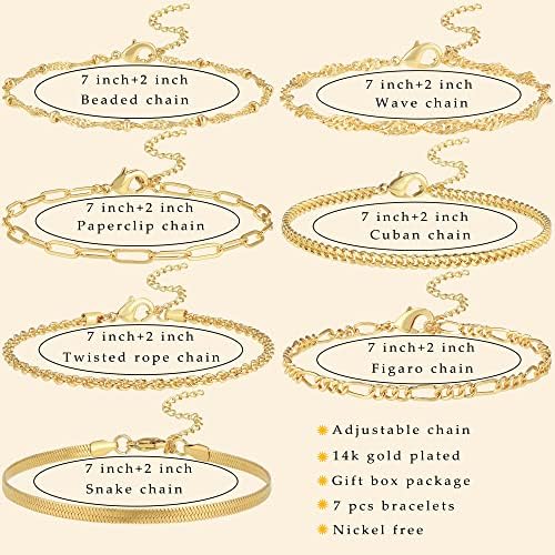 Reoxvo Dainty Gold & Silver Chain Jewelry Bracelets Set for Women 14K Gold Batheded Packered Packele