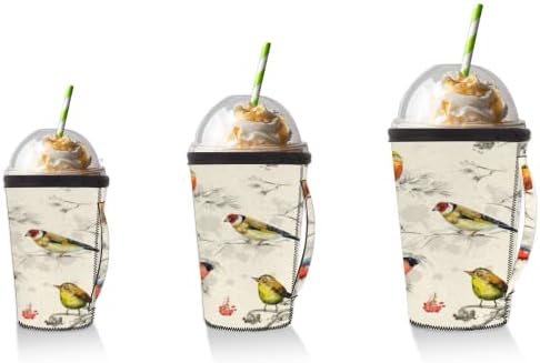 Birds coloridos Ramificações de café gelado reutilizável com manga de xícara de neoprene para refrigerante, café