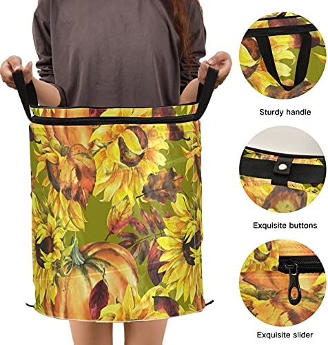 Sunflowers de outono Folhas de outono de abóbora Pop -up Lavanderia cesto com tampa com zíper cesta de roupa dobrável