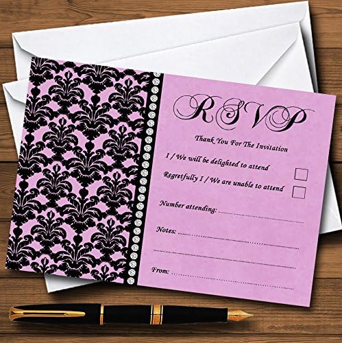 Damask Dusky Rose Pink preto e cartões RSVP personalizados de diamante