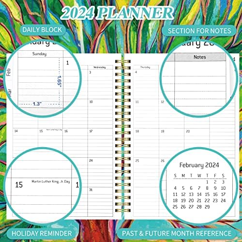 2024 Planejador, Planejador mensal diário semanalmente com guias, 8,5 x 6,4, capa dura, fechamento elástico, bolso interno, agenda