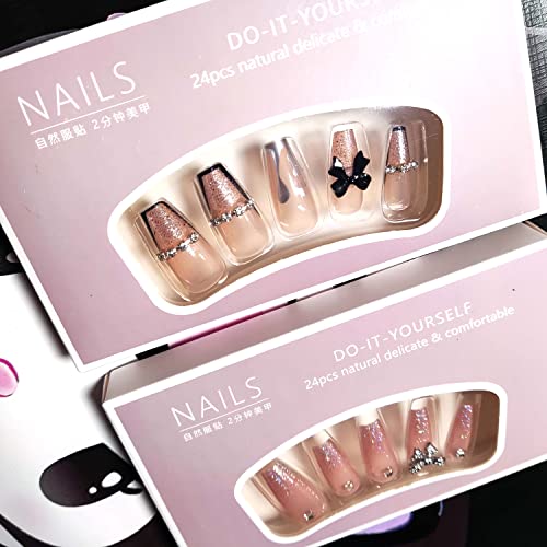 Pressione as unhas 24pcs com 2 tipos de cola desenho de bailarina longa falsa unhas longas com design pressione as unhas