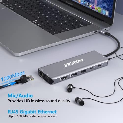 Estação de ancoragem de laptop USB C, 14 em 1 hub tipo C 3 monitora o dongle de adaptador multitor com, HDMI duplo, VGA, PD, Ethernet,