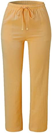 Calças de linho de algodão casual de verão para mulheres calças de perna larga com bolsos calças de perna lisas de cor sólida de cor