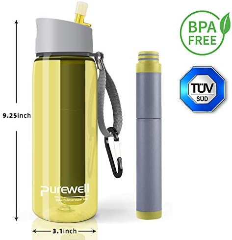 Purewell Filled Water Bottle BPA grátis com palha de filtro integrada em 4 estágios para camping, caminhada, mochila e viagens